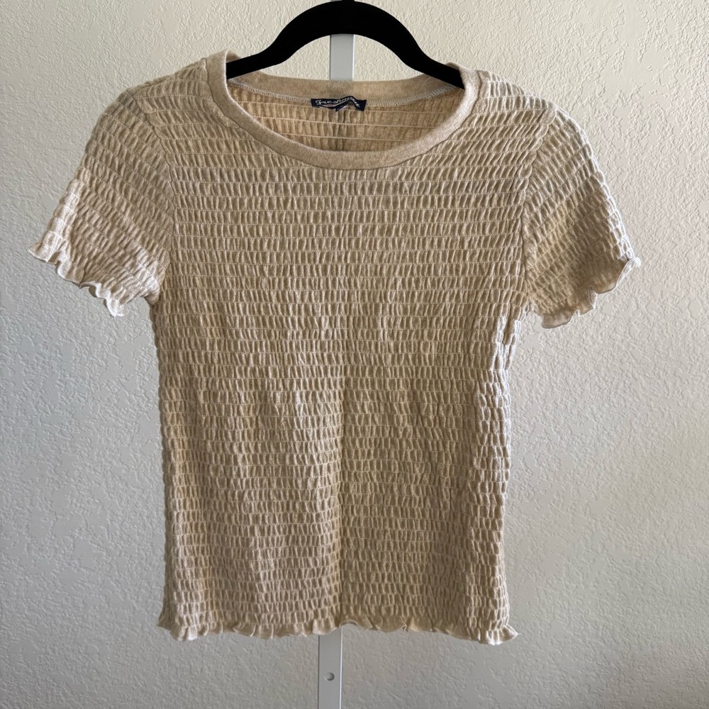 Freshman 1996 Smocked Top Beige Textured Knit Women's L Short Sleeve Coquette